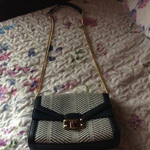 Michael Kors Navy Blue Leather and White Tweed Crossbody